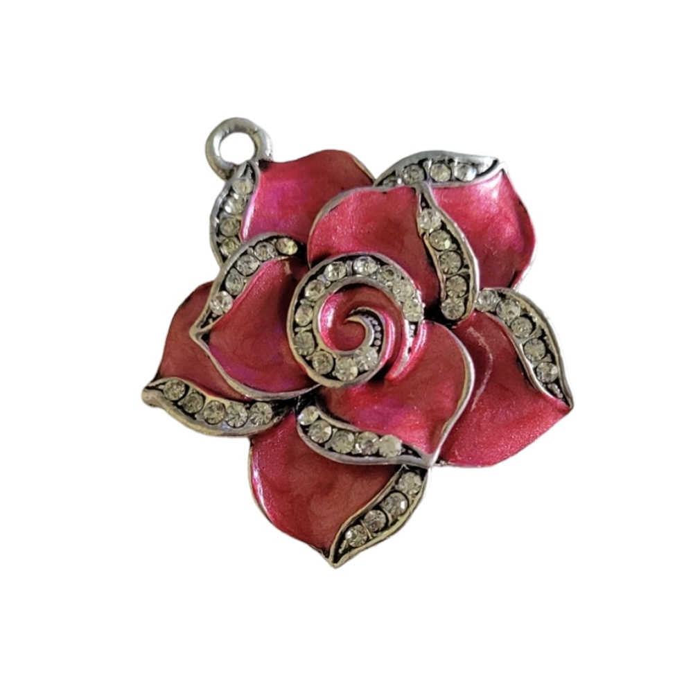 Silver Tone Large Pink Rose Flower Charm with Rhinestones for Jewelry Making